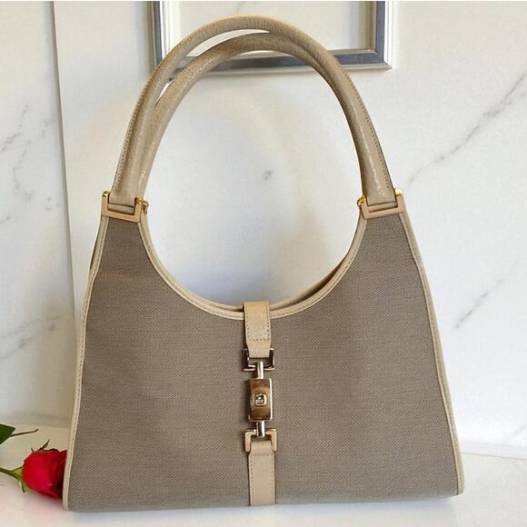 Authentic Gucci Jackie Canvas and Leather Beige Shoulder Bag $1,365 - Picture 1 of 16